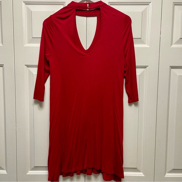 3/15 💚 Nordstrom Want & Need Red Cut Out Keyhole 3/4 Sleeve Mini Swing Dress M - Picture 2 of 8